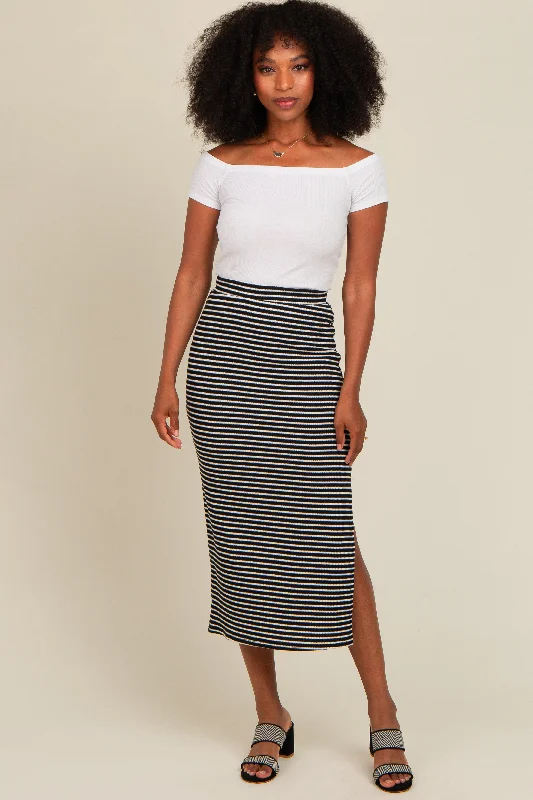 Black Striped Fitted Side Slit Midi Skirt Soft Pleated Midi