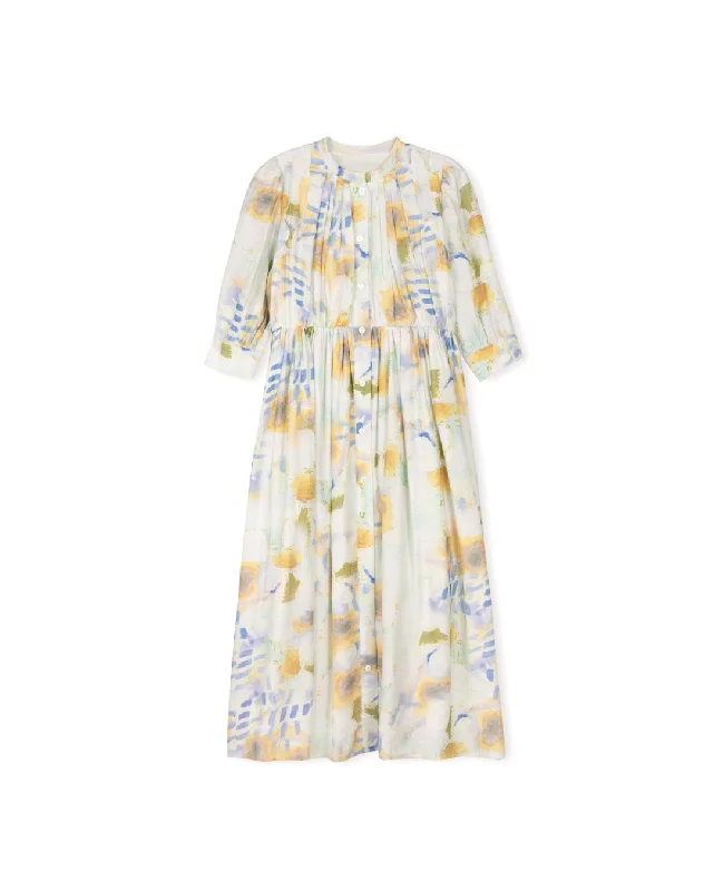 Paint Stroke Blouson Sleeve Midi Dress Soft Denim Midi