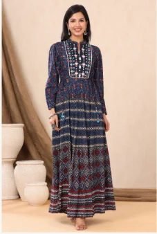 Women's Indigo Rayon Printed Flared Dress - Juniper Summer unclassified dresses