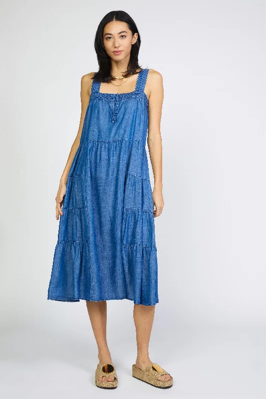Chambray Tiered Midi Dress Polka dot unclassified dresses