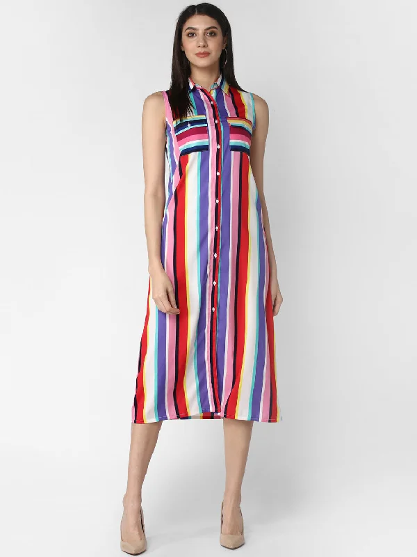 Women's Crepe Multi Stripe dress - StyleStone Ruffled unclassified dresses