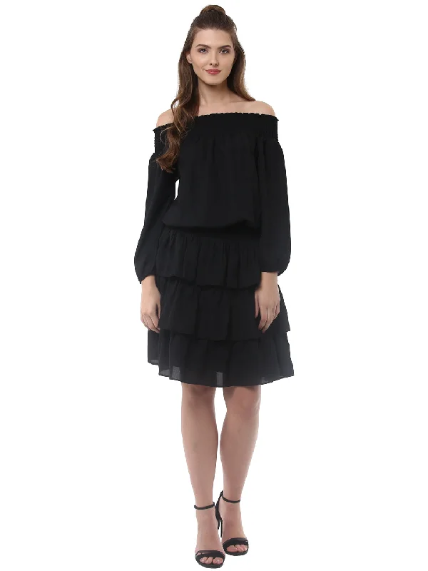 Women's Black Polyester Dress with Multiple Tiers - StyleStone Stretchy unclassified dresses