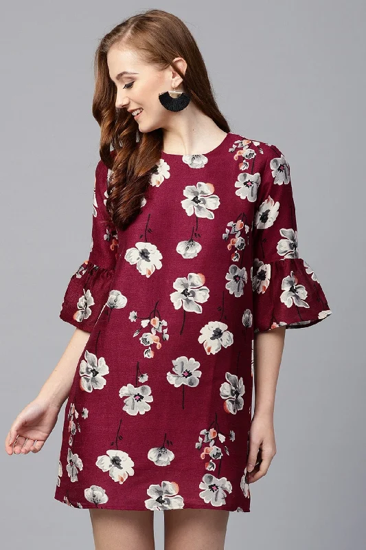 Women's Burgundy Floral Silk Sleeve Ruffle Dress - SASSAFRAS Metallic unclassified dresses Women's Burgundy Floral Silk Sleeve Ruffle Dress - SASSAFRAS Metallic unclassified dresses