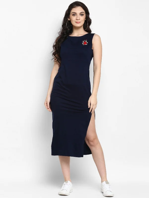 Women's Navy Embroidered Knitted Dress - Pannkh Tulle unclassified dresses