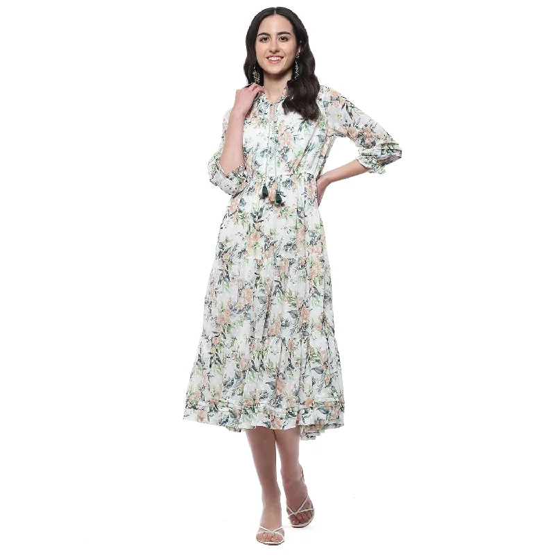 BIBA Women Printed Tired_Dress Mix and Match(Casual DRESSES2462_White_36) Vintage unclassified dresses