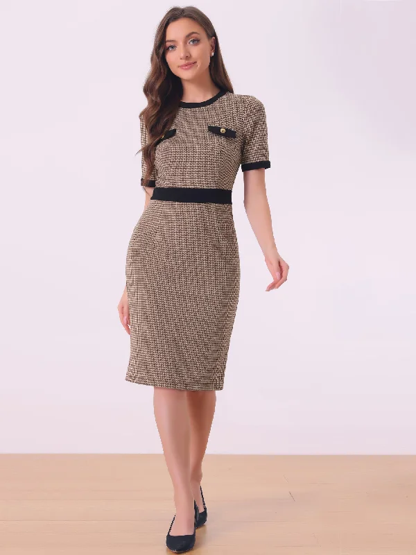Plaid Houndstooth Short Sleeve Contrast Bodycon Dress Comfortable unclassified dresses