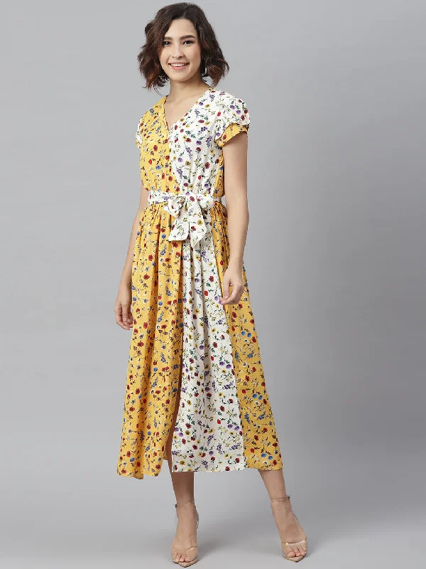 Women's Yellow & White Printed Wrap Dress with Contrast panel - StyleStone Engagement unclassified dresses