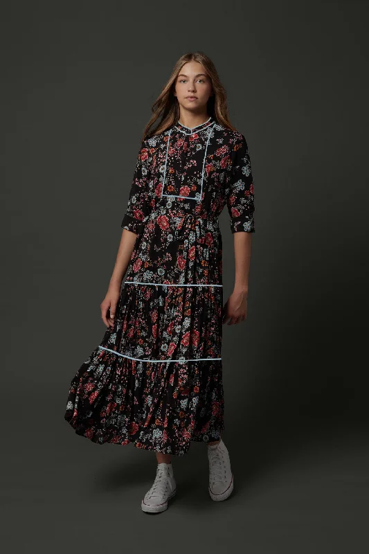 ZAIKAMOYA ROBIN FLORAL BLUE TRIM DRESS Velvet unclassified dresses