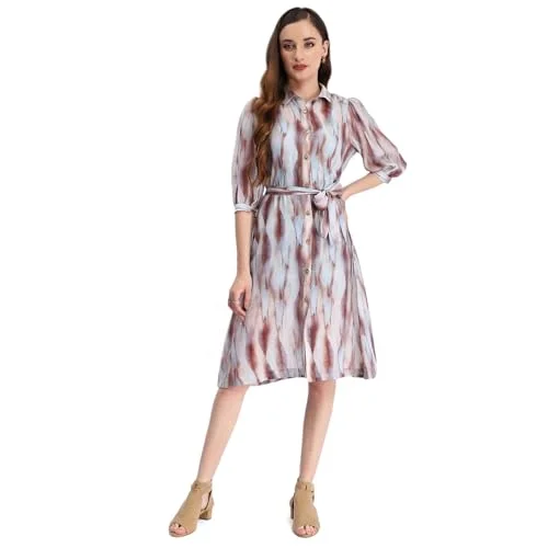Madame Blue Abstract Print Belted A Line Midi Dress Bodycon unclassified dresses