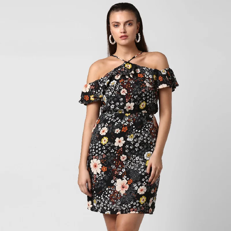 Women's Black Crepe Dress with Straps - StyleStone Color block unclassified dresses
