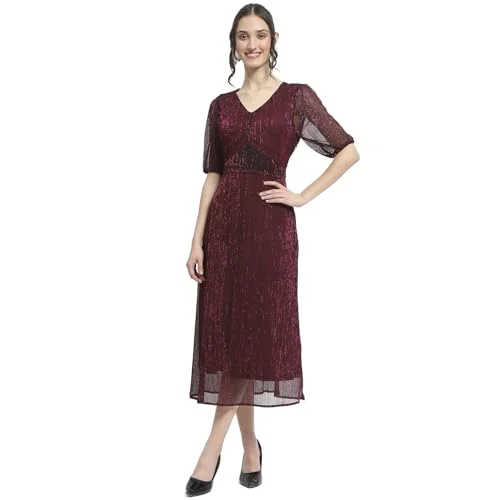 Madame Shimmery Corset Detailed Plum Midi Dress for Women Fall unclassified dresses