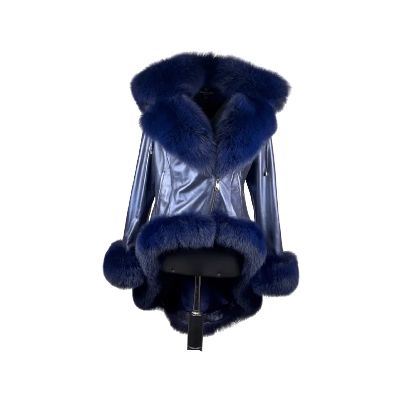 Fox Fur Trimmed Navy Women's High & Low Leather Coat Style# 1002 Women's office jackets Fox Fur Trimmed Navy Women's High & Low Leather Coat Style# 1002 Women's office jackets