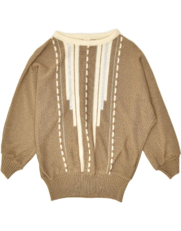VINTAGE Womens Boat Neck Jumper Sweater EU 38 Medium Khaki Striped Acrylic sweaters