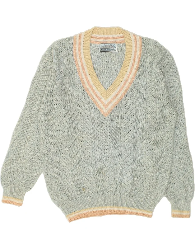 VINTAGE Womens V-Neck Jumper Sweater UK 16 Large Grey Warm sweaters