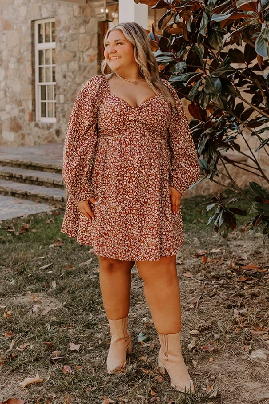 Harvest Cutie Floral Mini Dress in Dark Rust Curves Red carpet mini dresses