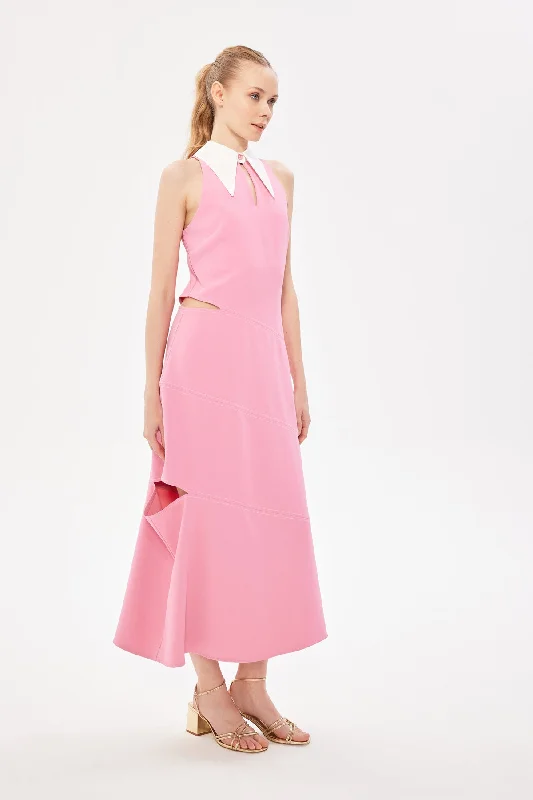 Contrast Collar Long Dress Pink Wedding guest maxi dresses