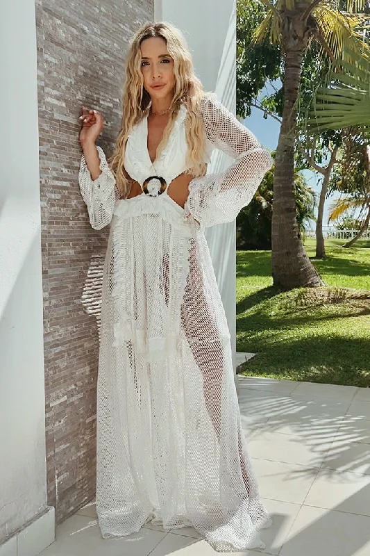 Deep-V Cutout Mesh Maxi Dress - White Beach maxi dresses