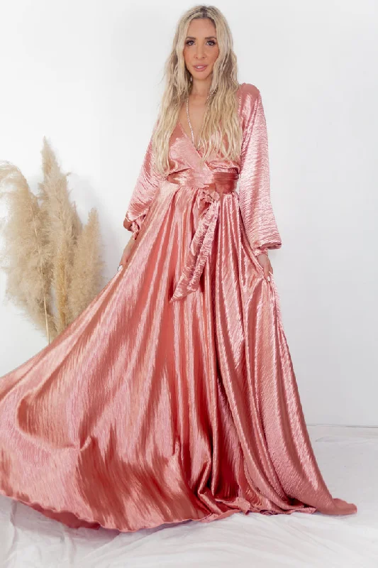 Ultra-Shine Deep-V Satin Maxi Dress - Blush Festival maxi dresses