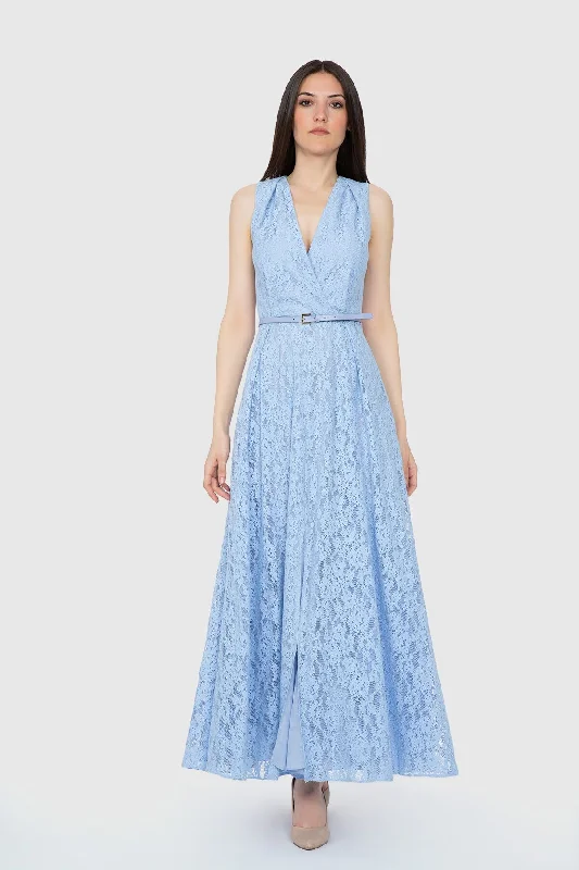 V-neck Sleeveless Blue Long Dress Vintage maxi dresses