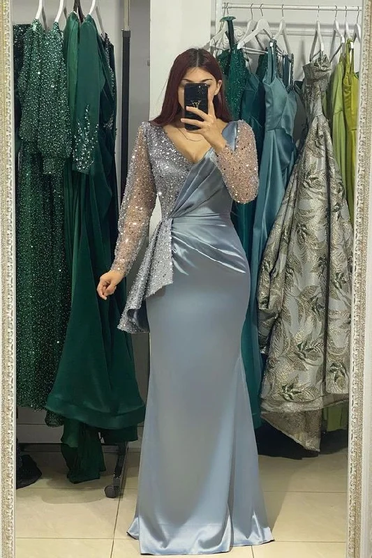 Charming Long V-Neck Long Sleeves Mermaid Prom Dress Mother Of The Bride  Y4489 Tulle Maxi Skirt