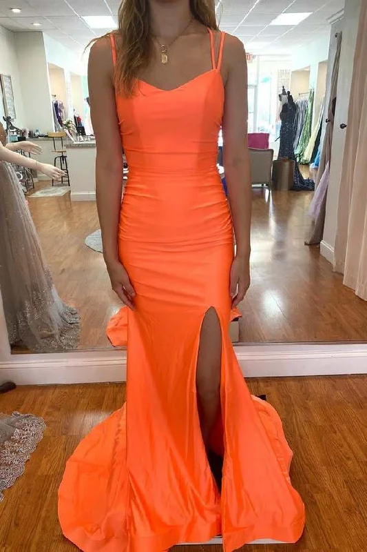 Orange Mermaid Long Prom Dresses Formal Evening Gowns Y486 V-neck Maxi Skirt