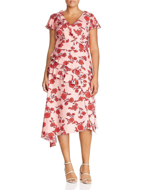 Plus Womens Floral Print Ruffled Fit & Flare Dress Date night floral dresses